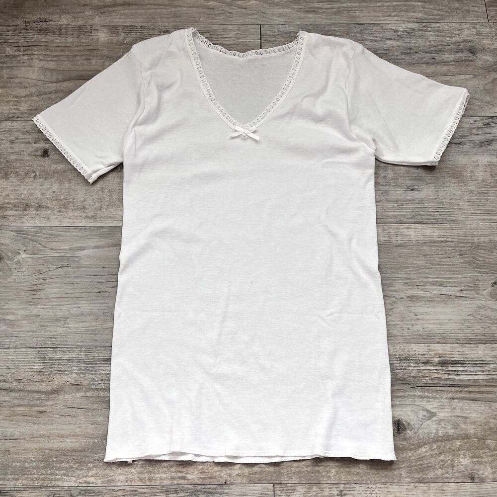 White Coquette Core Tee Angelic Aesthetic Lace Trim & Ribbon Bow Small Ballet